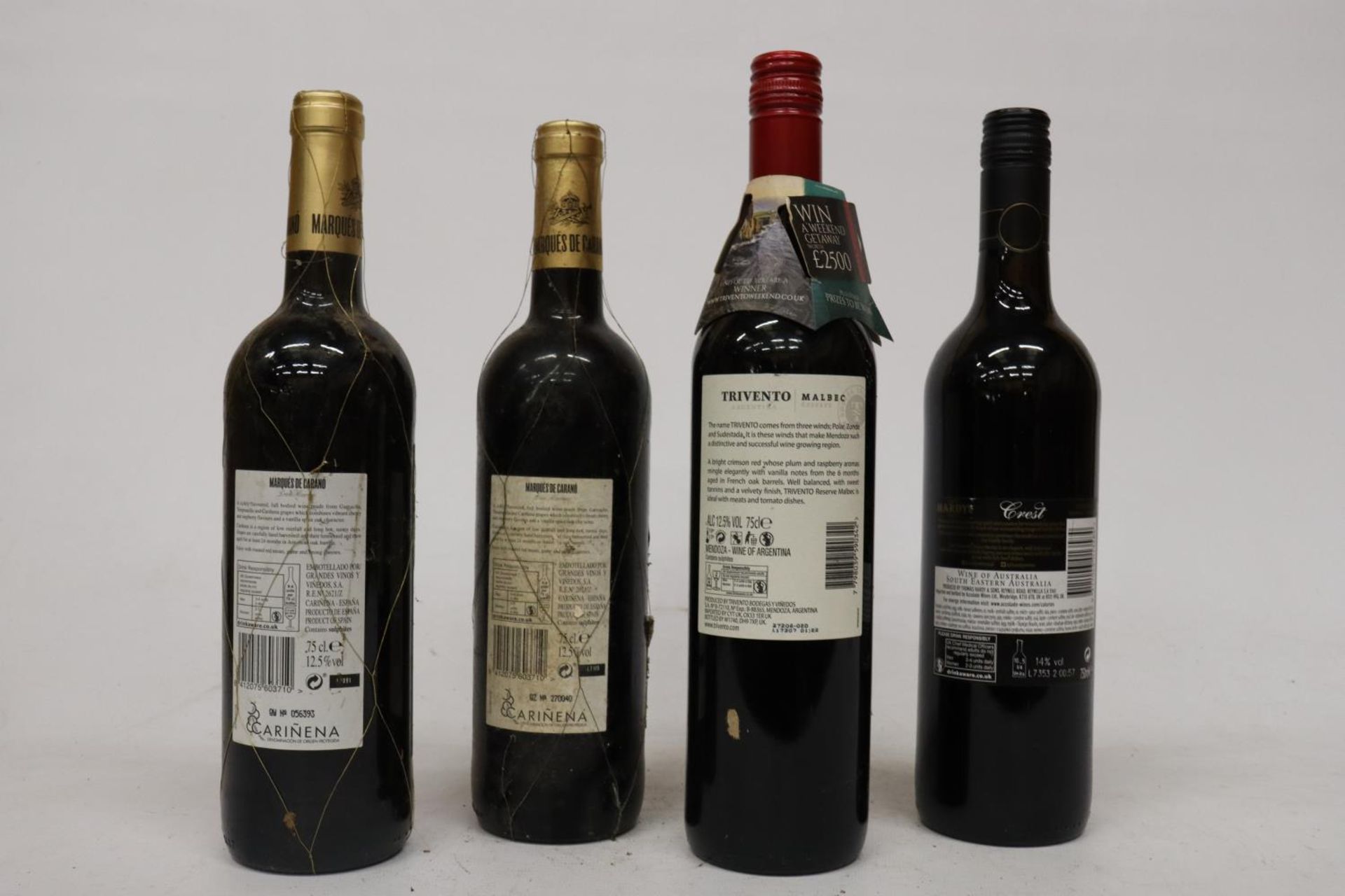 FOUR MIXED RED WINES TO INCLUDE TWO BOTTLES OF MARQUES DE CARANO GRAN RESERVA 2011, TRIVENTO - Bild 5 aus 5