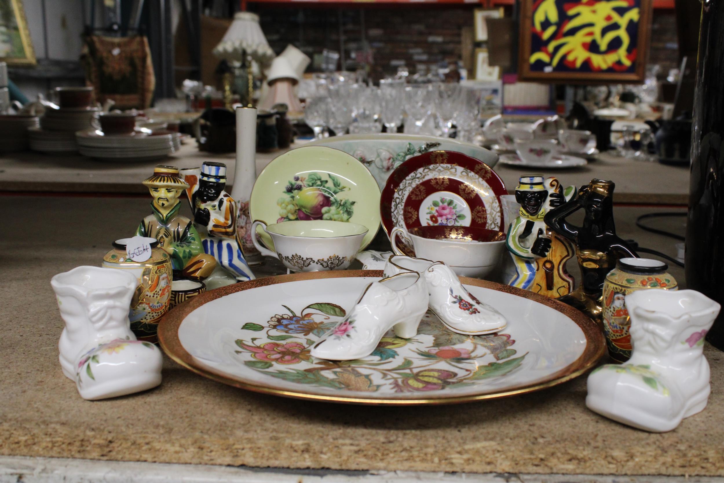 A MIXED CERAMIC LOT TO INCLUDE ROYAL GRAFTON CUPS AND SAUCERS, FIGURES, A BOWL, LARGE PLATE, ETC