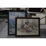 TWO FRAMED PRINTS TO INCLUDE FLOWER SELLERS WITH DOG AND A MEDITERRANEAN SCENE
