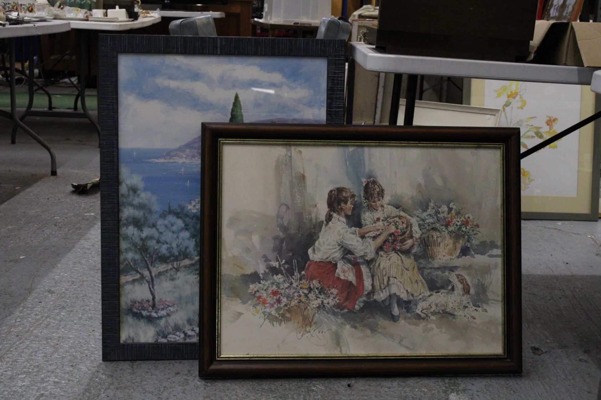 TWO FRAMED PRINTS TO INCLUDE FLOWER SELLERS WITH DOG AND A MEDITERRANEAN SCENE