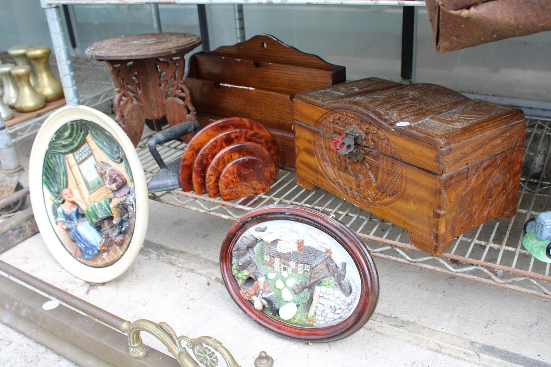 AN ASSORTMENT OF ITEMS TO INCLUDE AN OAK LETTER STAND, A SMALL STOOL AND A FLAT IRON ETC - Image 2 of 3