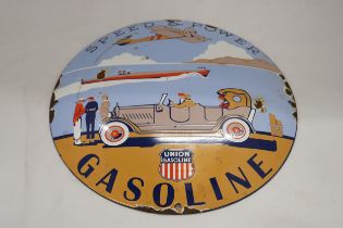 AN ENAMEL UNION GASOLINE SIGN, DIAMETER 30CM