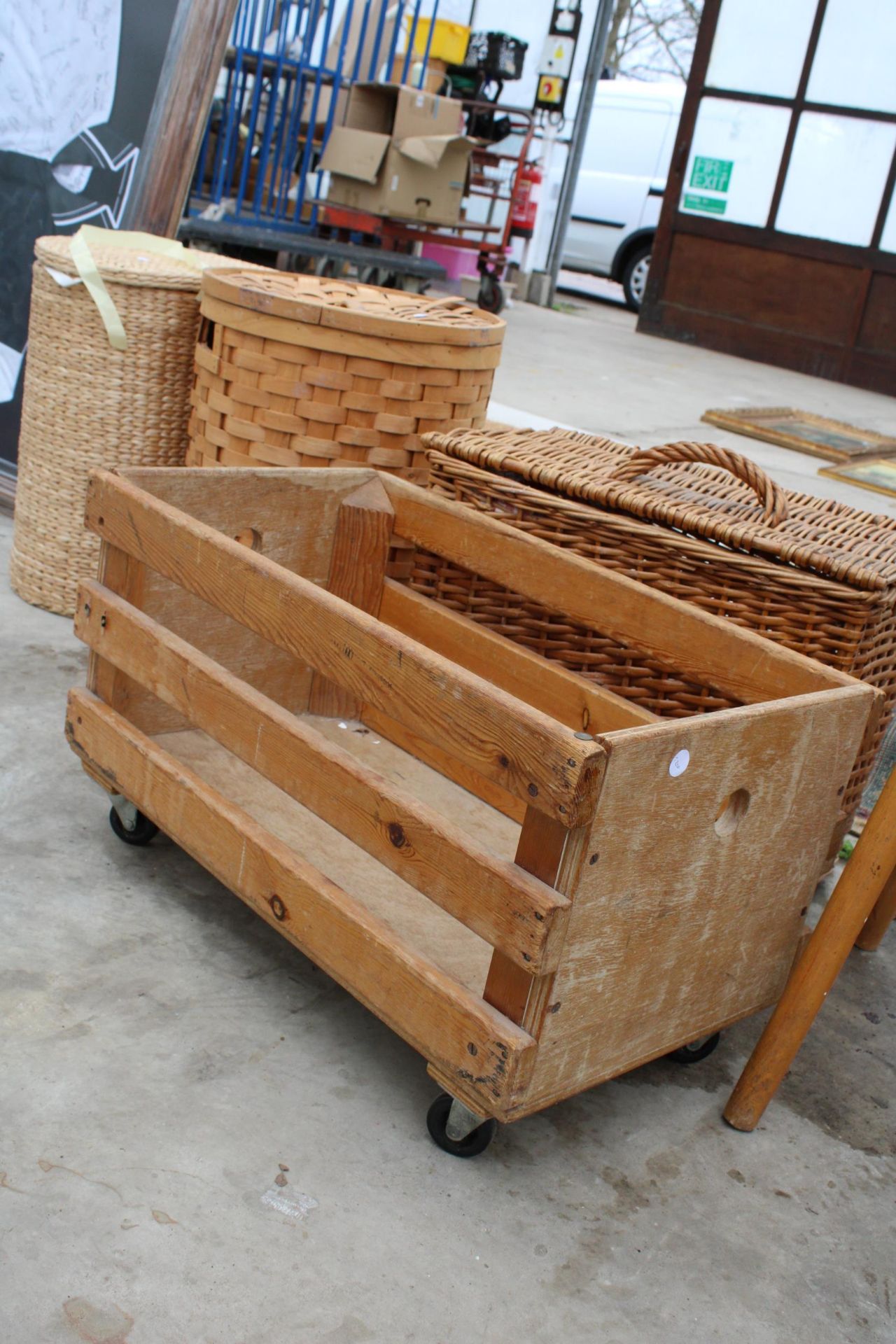 A TALL PINE STOOL, WICKER BASKETS AND A WOODEN BOX ETC - Image 2 of 3