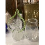 TWO GLASS VASES TO INCLUDE ONE WITH AN ENGRAVING OF HORSES PLUS AN ART GLASS VASE