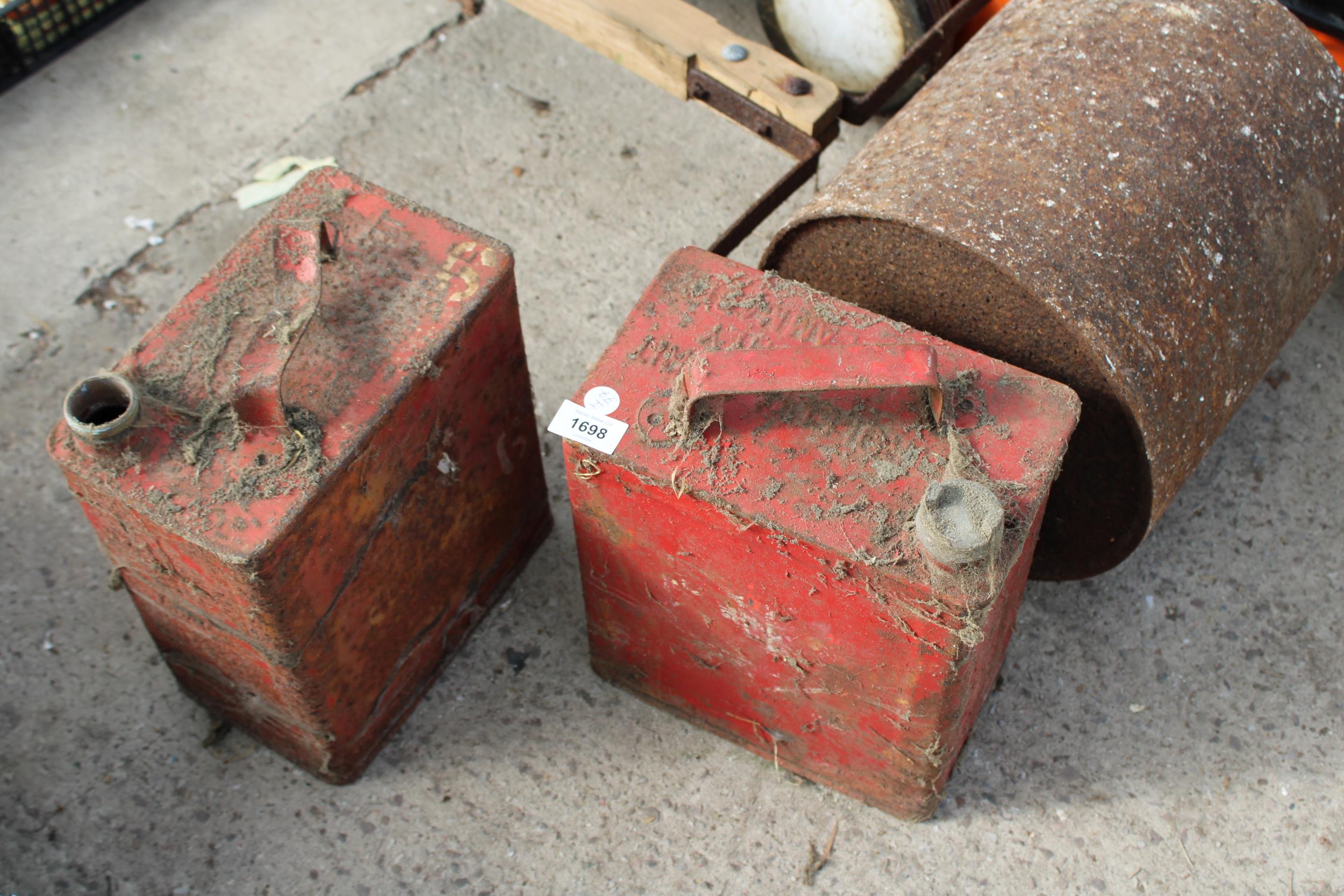 TWO VINTAGE METAL FUEL CANS, ONE WITH A BRASS CAP