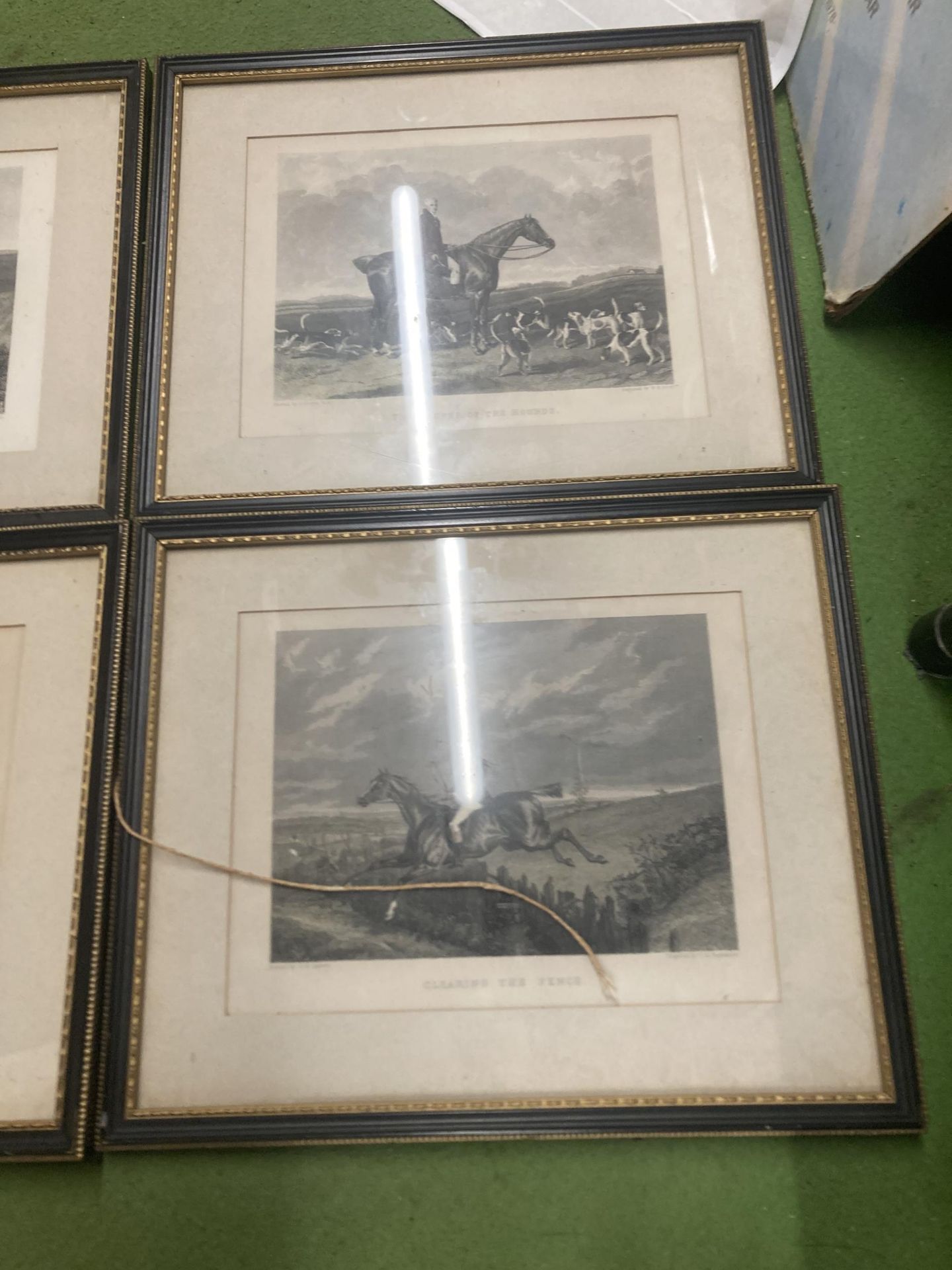 A SET OF FOUR HUNTING SCENCE RELATED ENGRAVED PRINTS TO INCLUDE, CLEARING THE FENCE, FOX BREAKING - Image 3 of 3