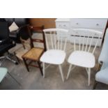 A PAIR OF WHITE ERCOL STYLE CHAIRS, A BEDROOM CHAIR AND A CHILDS CHAIR WITH A RUSH SEAT