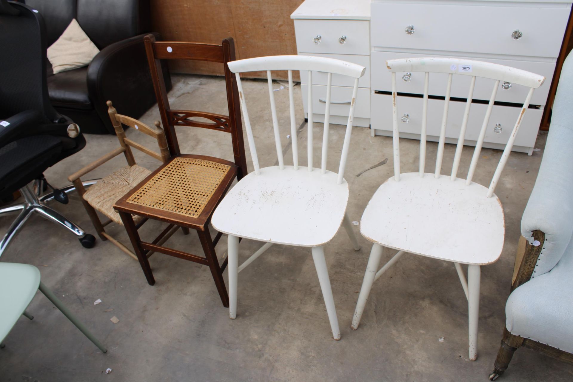 A PAIR OF WHITE ERCOL STYLE CHAIRS, A BEDROOM CHAIR AND A CHILDS CHAIR WITH A RUSH SEAT