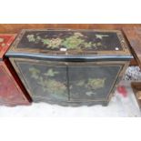 A 19TH CENTURY STYLE EBONISED TWO-DOOR SIDE CABINET WITH CHINOISERIE DECORATION, 32" WIDE