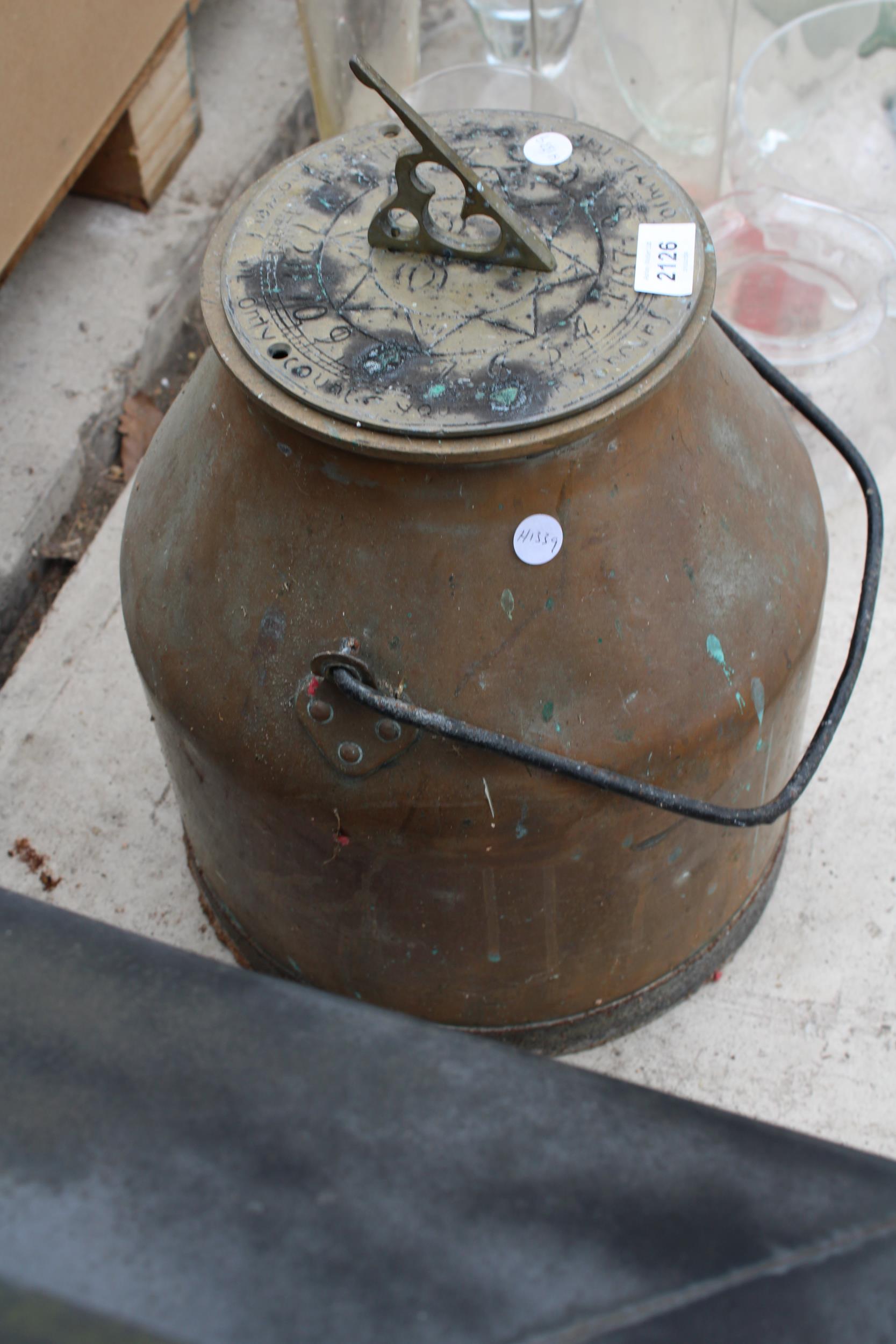 A VINTAGE COPPER MILKING BUCKET WITH BRASS SUNDIAL TOP - Image 2 of 3