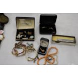 A QUANTITY OF COSTUME JEWELLERY TO INCLUDE BRACELETS, BOXED CUFFLINKS, A WATCH, PENKNIFE, ETC