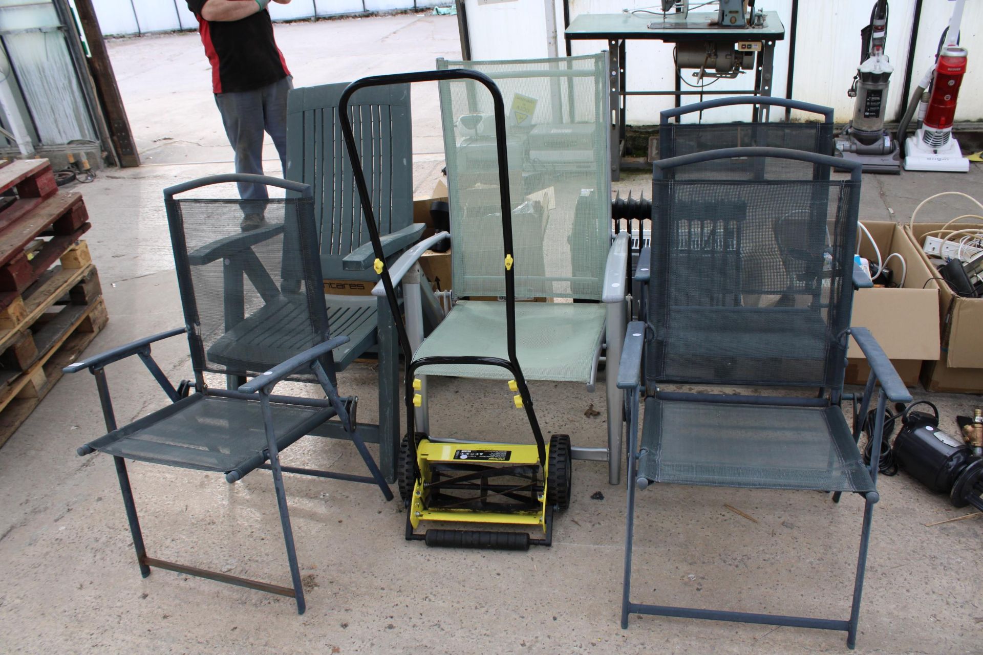 A COLLECTION OF VARIOUS GARDEN CHAIRS AND A CHALLENGE PUSH MOWER