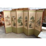 AN ORIENTAL SIX DIVISION SCREEN WITH TAPESTRY AND SILK MOUNTAIN SCENES EACH SECTION IS 60" X 18"