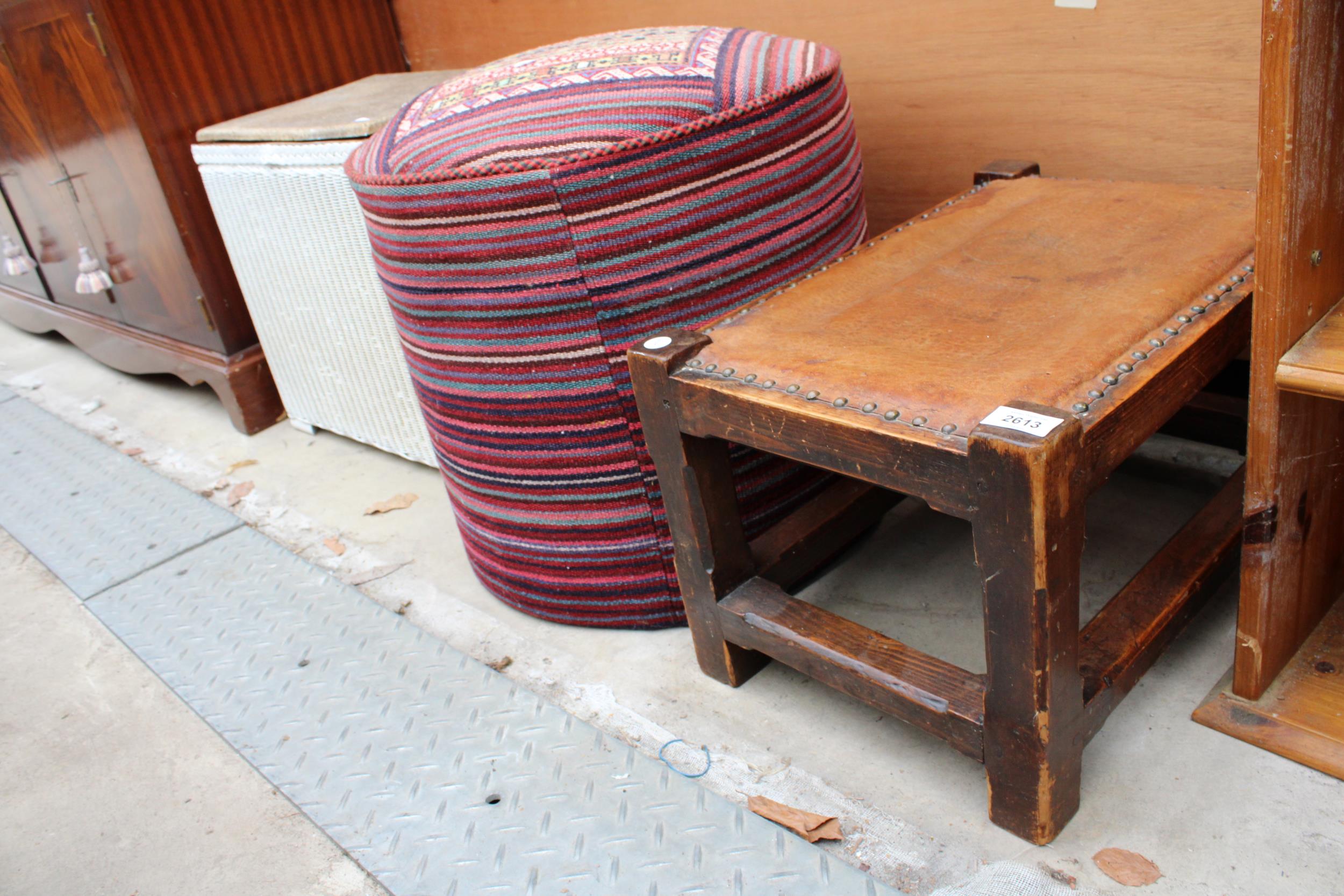 A LLOYD LOOM LINEN BASKET, OAK FRAMED STOOL AND POUFFE - Image 2 of 2