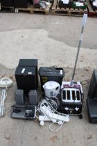 VARIOUS ITEMS TO INCLUDE A FOUR SLICE TOASTER, KETTLE, EXTENSION CABLES, SONY SPEAKERS ETC