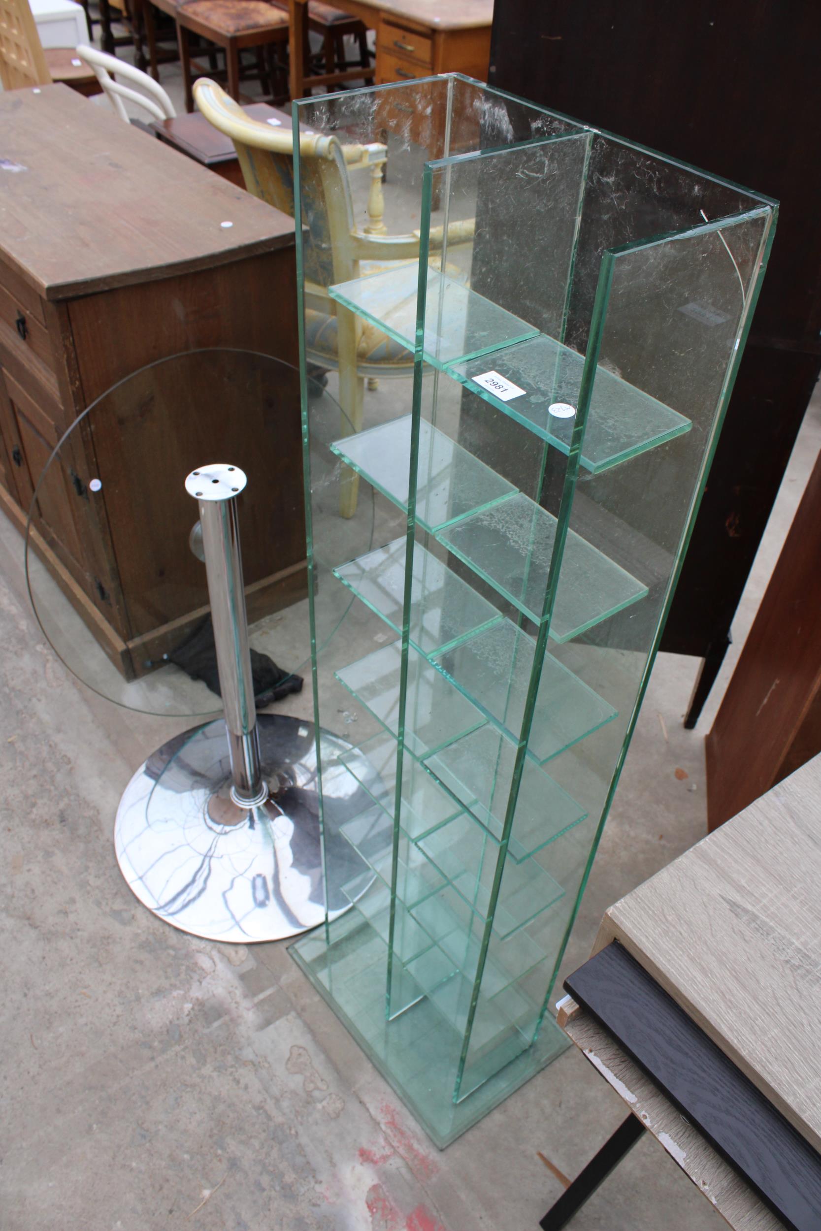 A SIXTEEN DIVISION GLASS OPEN SHELVING UNIT 13" WIDE AND A TABLE ON CHROME BASE AND COLUMN 27.5" - Image 2 of 3