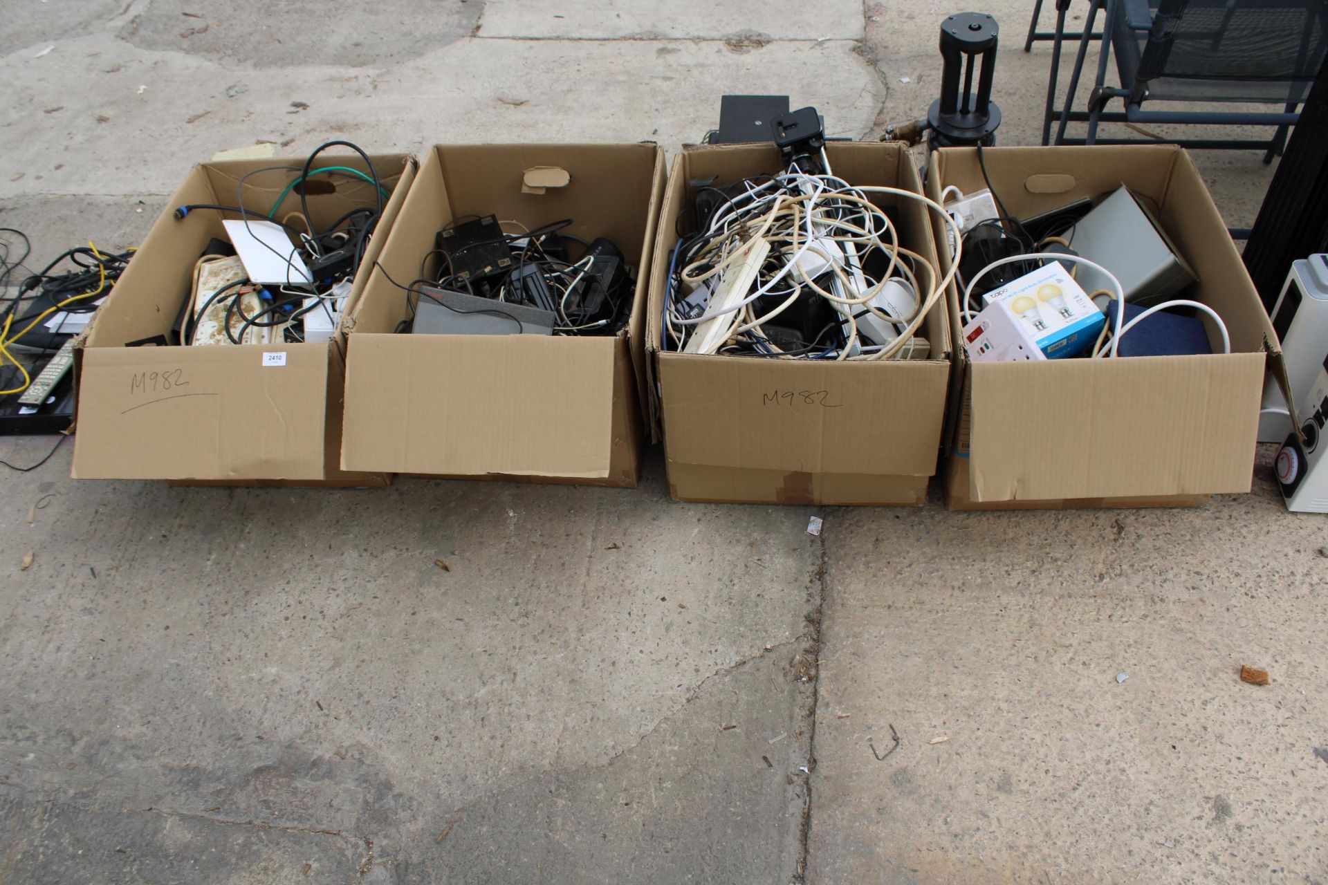 FOUR BOXES OF ELECTRICAL ITEMS TO INCLUDE EXTENSION LEADS, SOCKETS, ETC