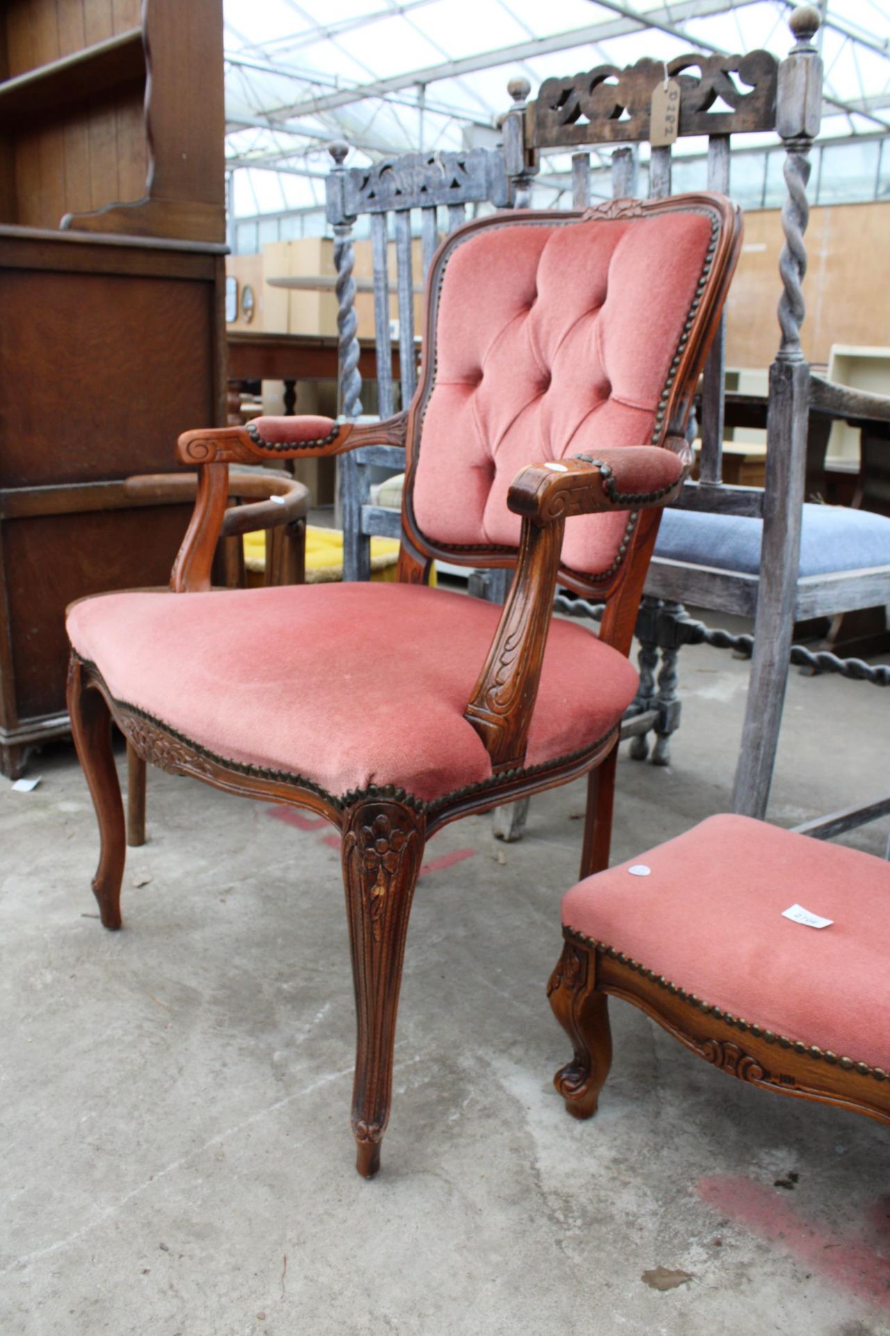 A CONTINENTAL STYLE OPEN ARMCHAIR AND STOOL - Image 3 of 3