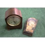 A VINTAGE MAHOGANY CASED MANTLE CLOCK WITH PENDULUM PLUS A VINTAGE PAINTING OF MARY AND JESUS ON