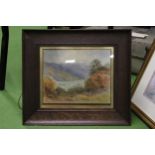 A FRAMED WATERCOLOUR OF A LAKE SCENE