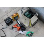AN ASSORTMENT OF ITEMS TO INCLUDE A JUMP STARTER, SAW AND BATTERY DRILL ETC