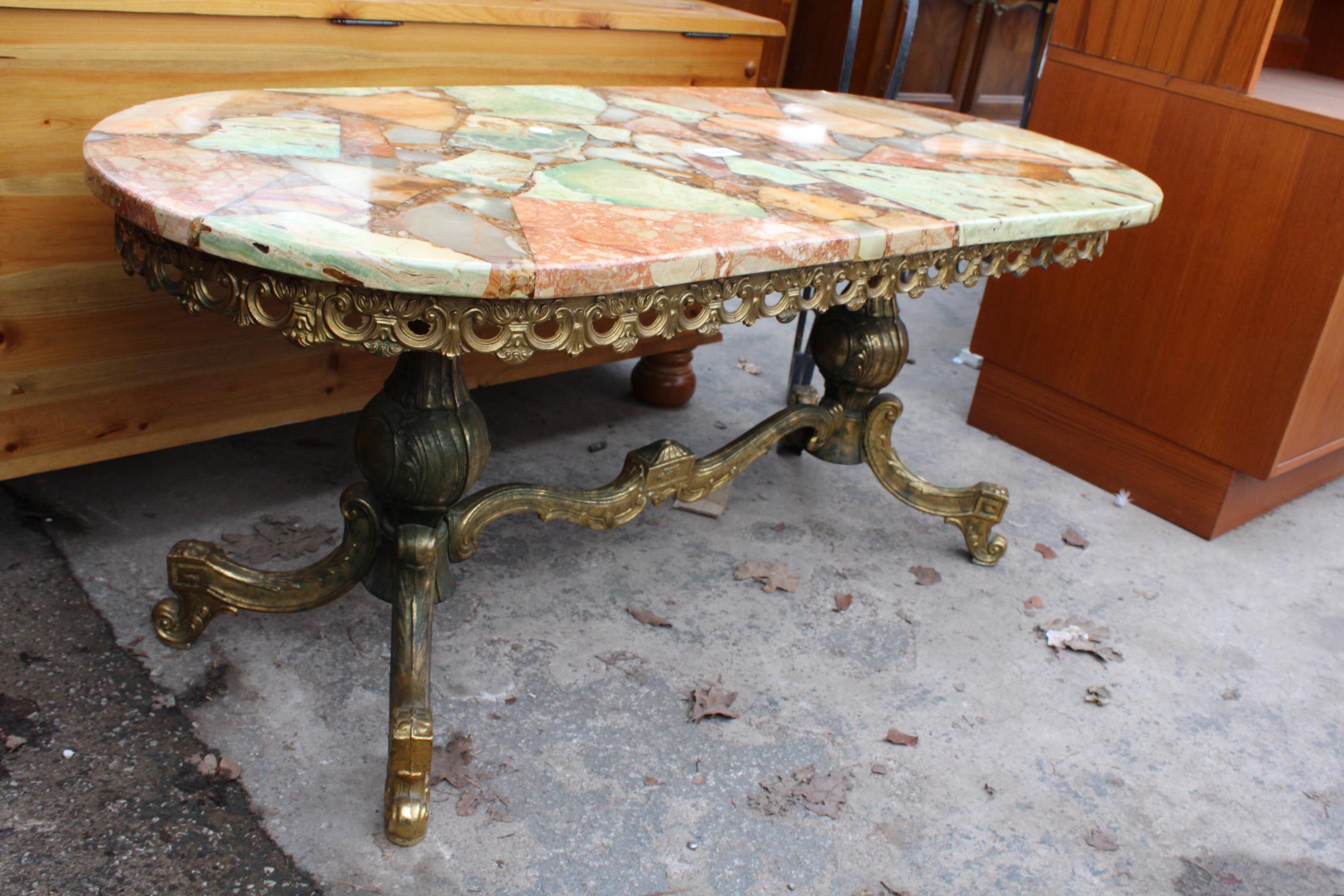 AN ONYX AND GILT TWIN PEDESTAL COFFEE TABLE 42" X 18" - Image 2 of 2