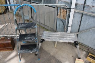 AN ALUMINIUM BUILDERS HOP UP AND A THREE RUNG MACALLISTER NON SLIP STEP LADDER