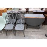A PAINTED GATE LEG DINING TABLE AND FOUR WHEEL - BACK DINING CHAIRS