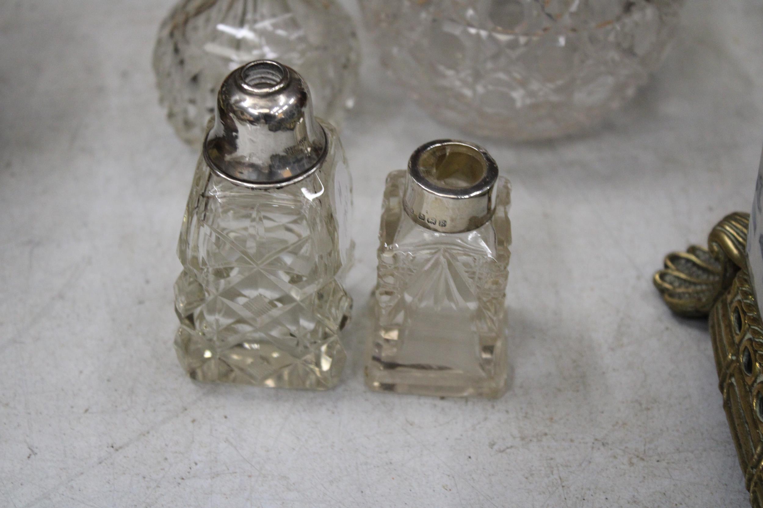 FOUR GLASS ITEMS WITH HALLMARKED SILVER TOPS - Image 3 of 3