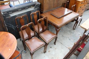 A MID 20TH CENTURY MAHOGANY EXTENDING DINING TABLE 48" X 34" (LEAF 15") AND SIX DINING CHAIRS ALL ON