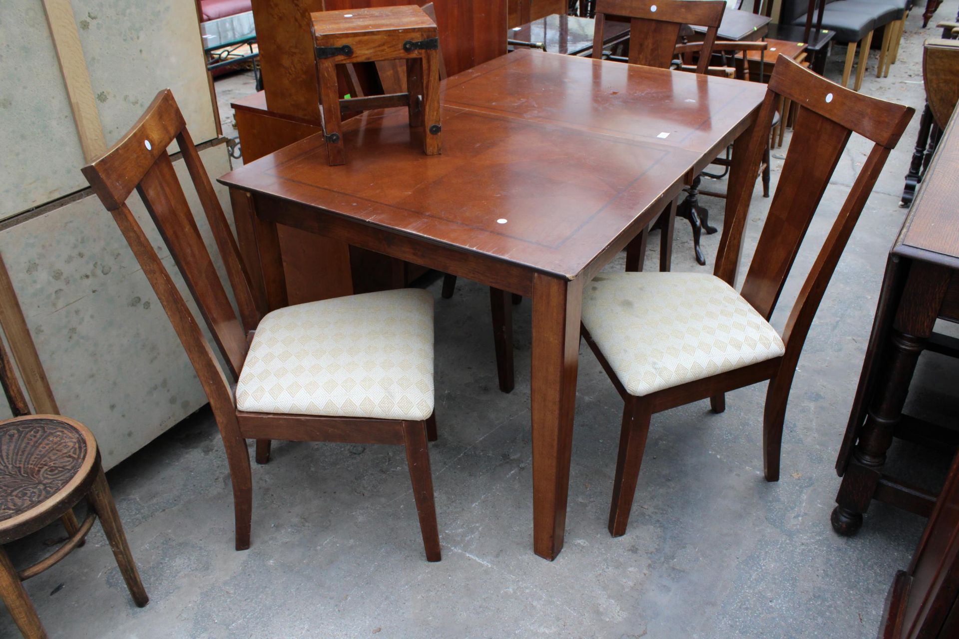 A HARDWOOD DINING TABLE 54" X 36" , FOUR DINING CHAIRS AND A HARDWOOD FOOTSTOOL - Image 2 of 3