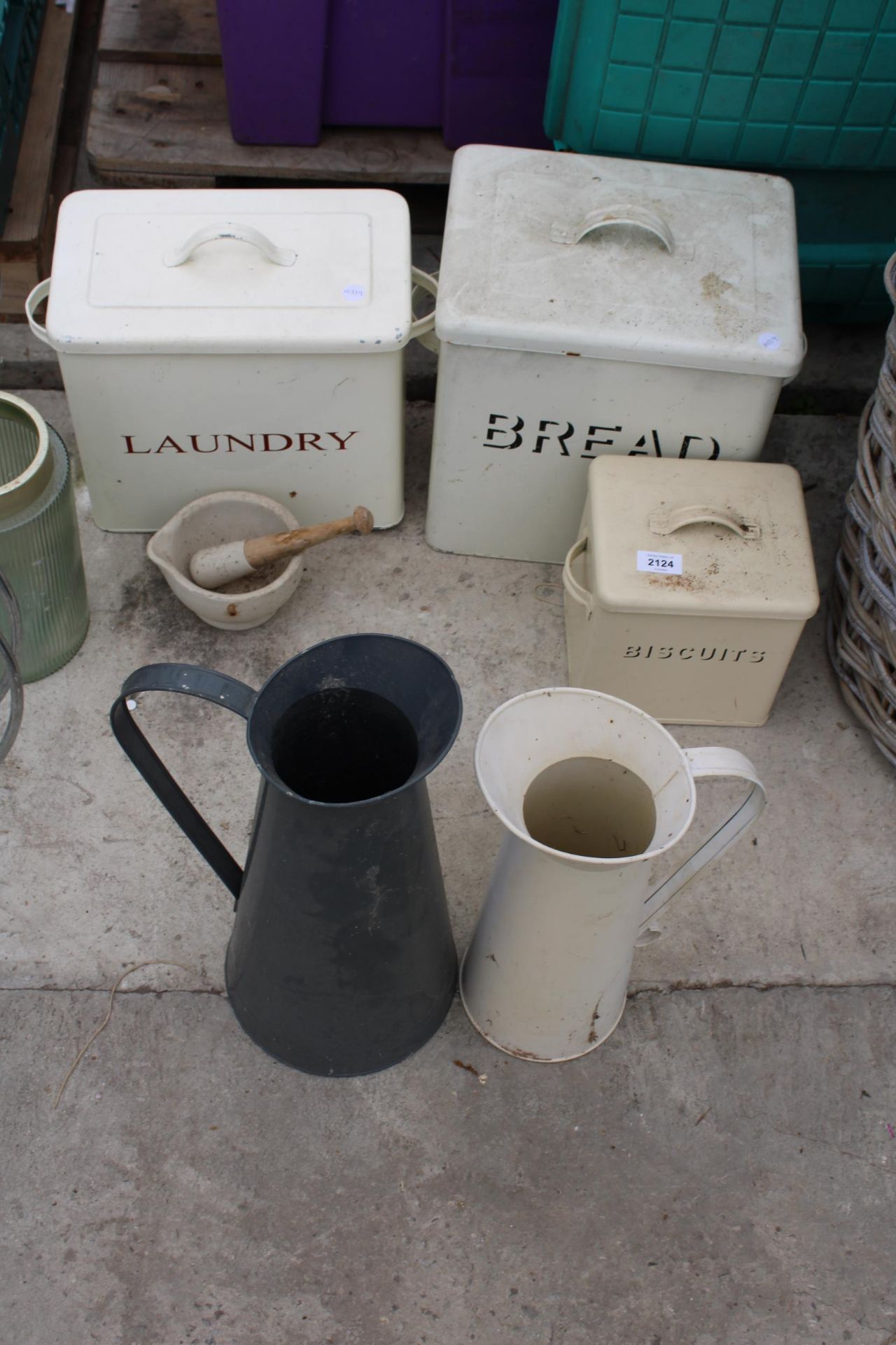 AN ASSORTMENT OF ITEMS TO INCLUDE TWO LARGE JUGS AND ENAMEL STORAGE BINS ETC