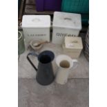 AN ASSORTMENT OF ITEMS TO INCLUDE TWO LARGE JUGS AND ENAMEL STORAGE BINS ETC