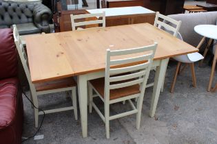A PINE EXTENDING DINING TABLE 36" SQUARE (LEAVES 12" EACH) AND FOUR MATCHING DINING CHAIRS