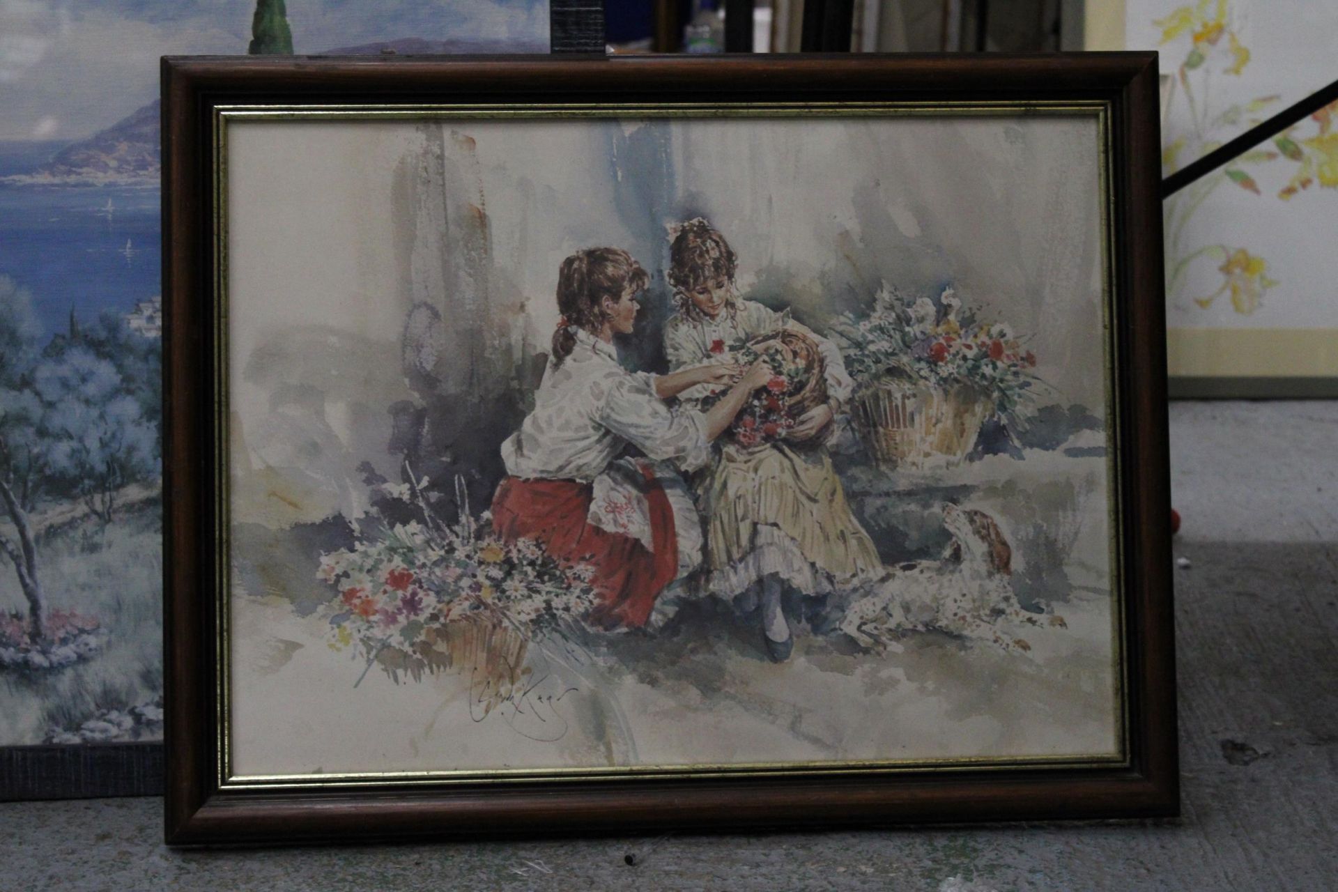 TWO FRAMED PRINTS TO INCLUDE FLOWER SELLERS WITH DOG AND A MEDITERRANEAN SCENE - Image 2 of 5