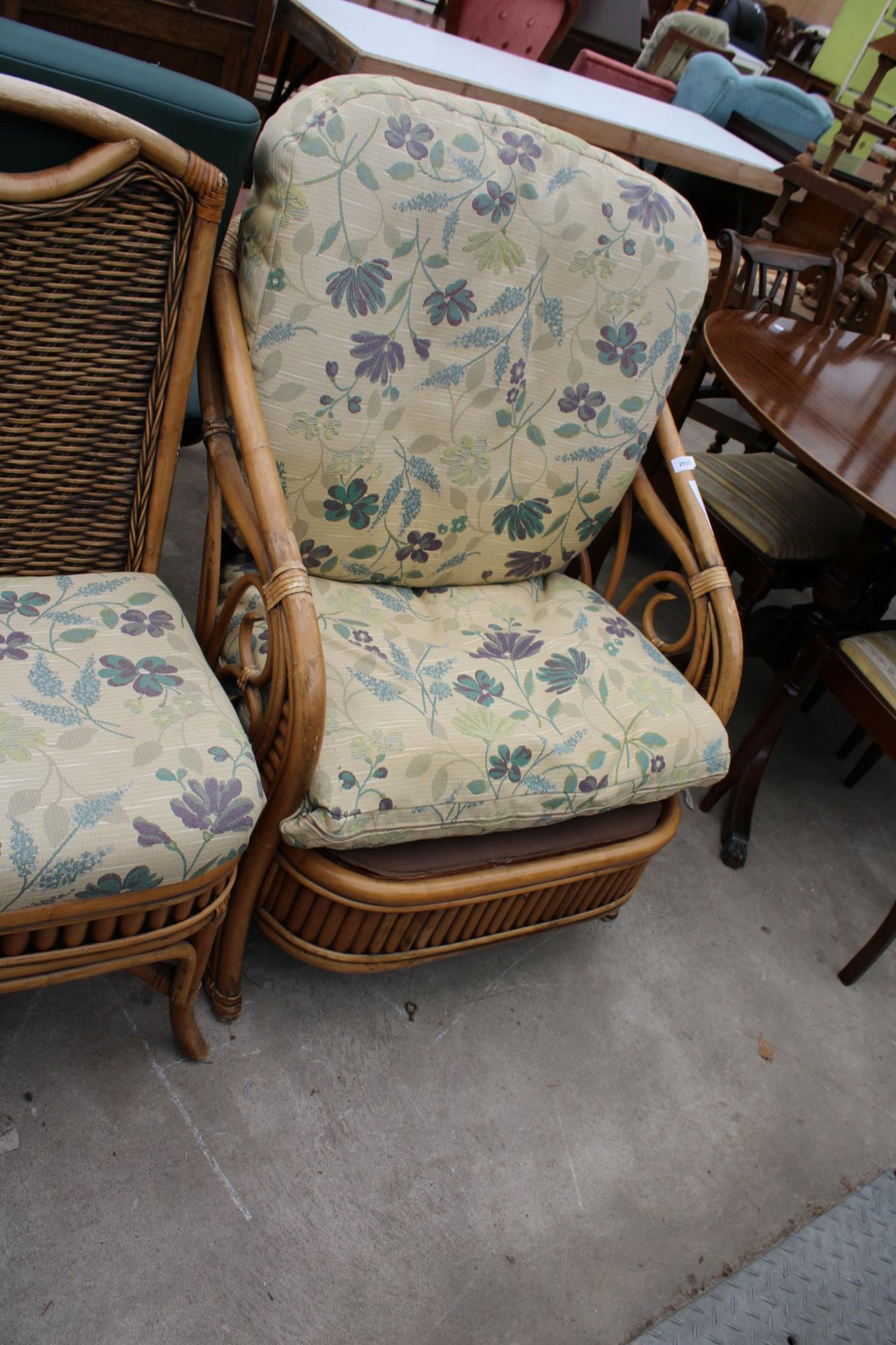A WICKER AND BAMBOO SWIVEL CHAIR, EASY CHAIR AND A PAIR OF DINIGNG CHAIRS - Image 4 of 4