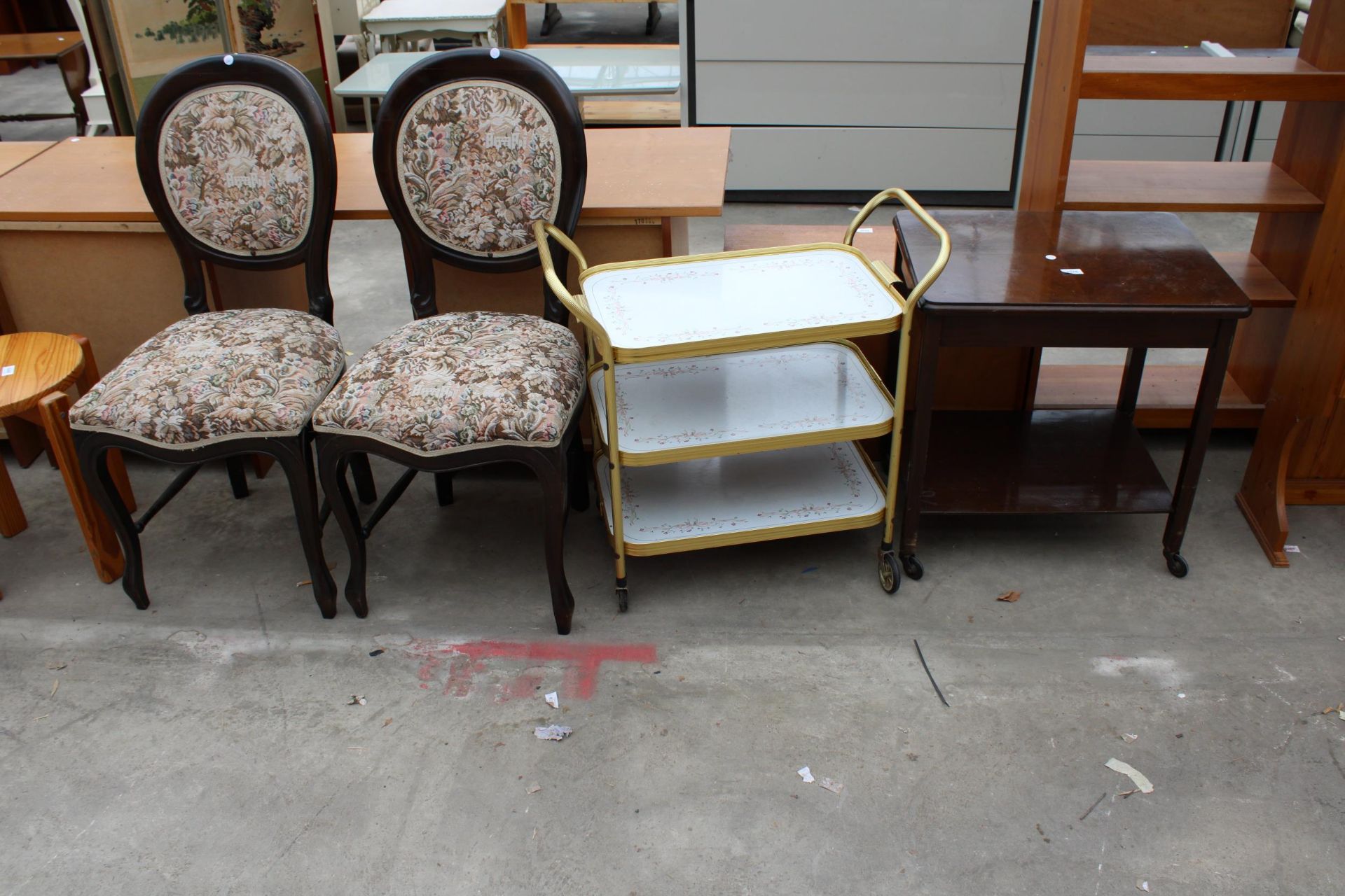 A THREE TIER TROLLEY, PAIR OF DINING CHAIRS AND A TWO TIER OCCASIONAL TABLE