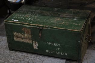 A WOODEN MILITARY TRAVEL TRUNK, 'EMPRESS OF AUSTRALIA', HEIGHT 36 CM, LENGTH 80 CM, DEPTH 44 CM