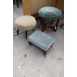 A RETRO TEAK G PLAN STYLE STOOL 19" DIAMETER, SMALL CABRIOLE LEG STOOL AND AN OVAL STOOL ON BLACK