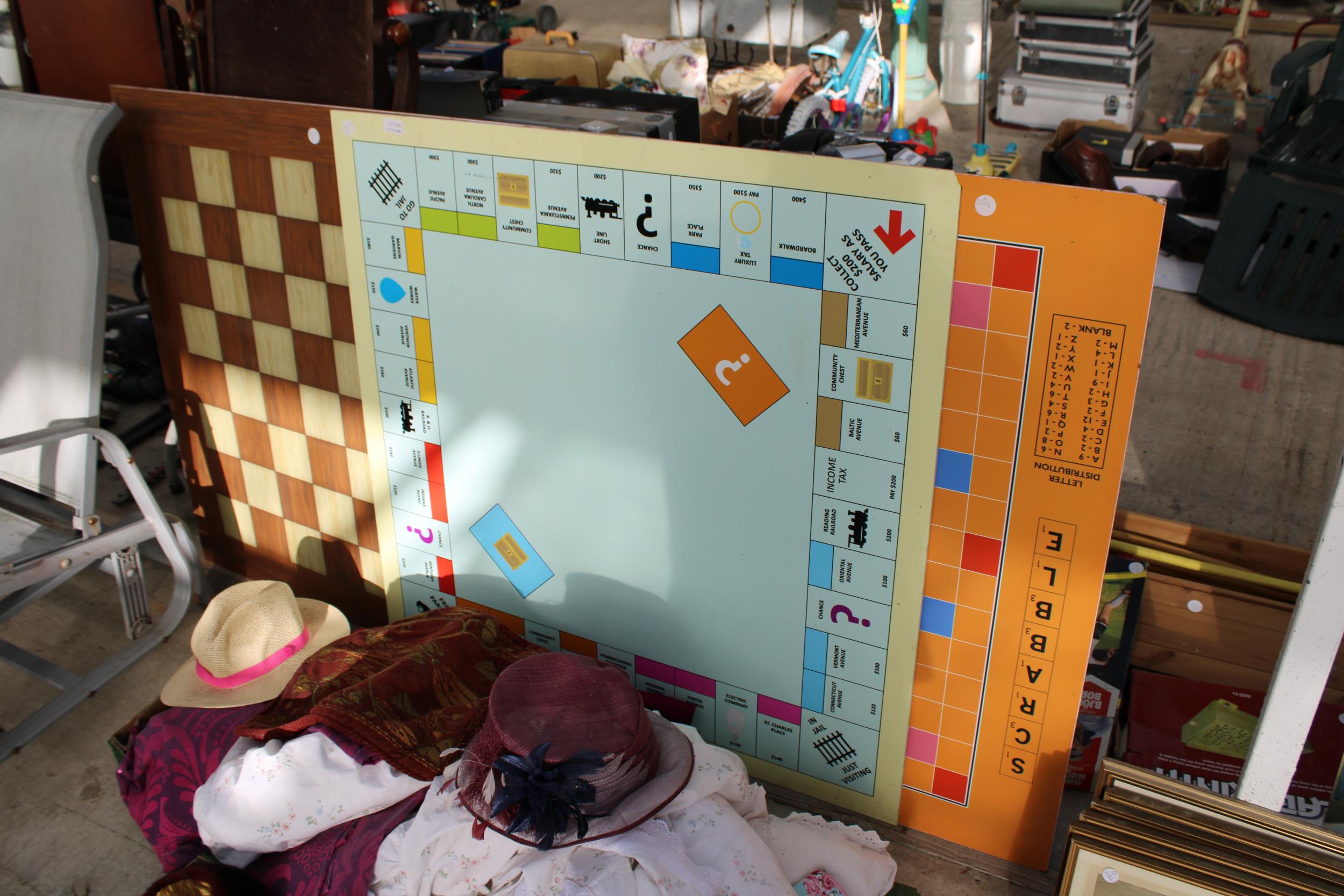 THREE LARGE GARDEN BOARD GAME BOARDS TO INCLUDE MONOPOLY AND CHESS ETC