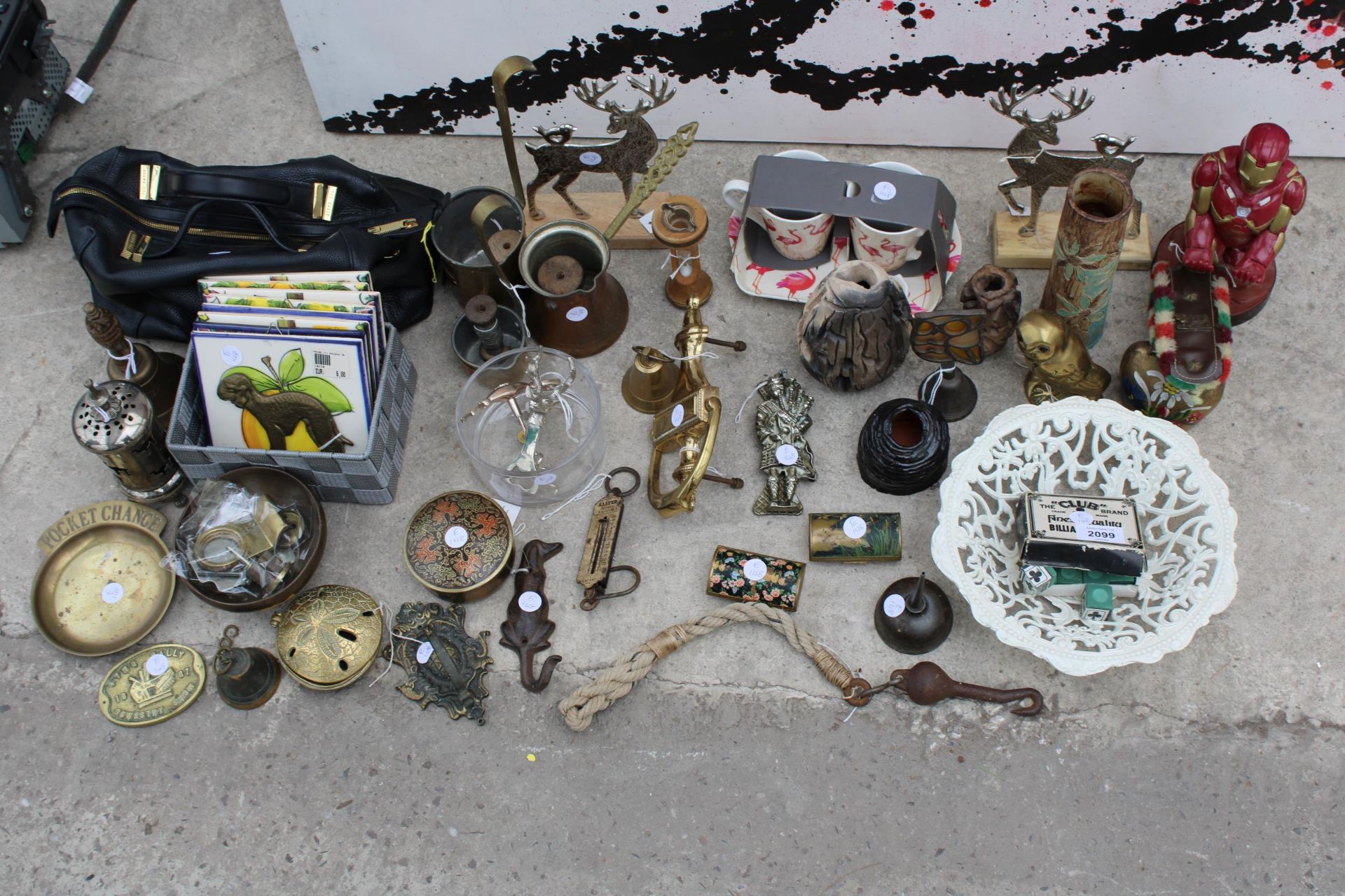 AN ASSORTMENT OF ITEMS TO INCLUDE BRASS TRINKET BOXES, TILES AND AN ACTION FIGURE