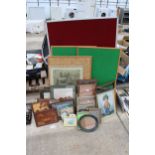 A LARGE ASSORTMENT OF FRAMED PRINTS AND NOTICE BOARDS ETC