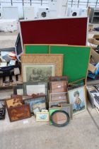 A LARGE ASSORTMENT OF FRAMED PRINTS AND NOTICE BOARDS ETC