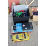 AN ASSORTMENT OF CHILDRENS TOYS TO INCLUDE A THOMAS THE TANK, A CAR AND FIGURES ETC