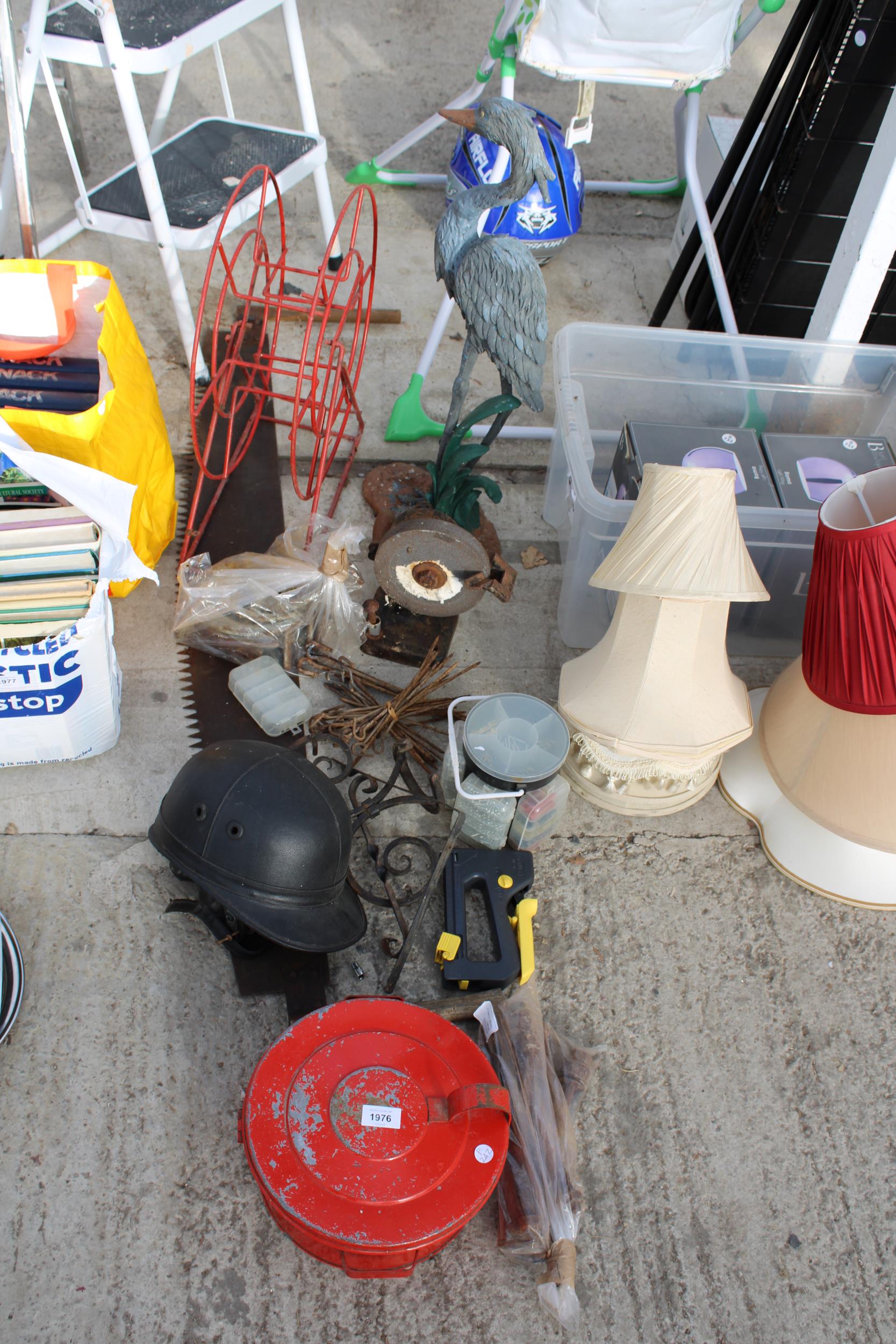 AN ASSORTMENT OF ITEMS TO INCLUDE A GARDEN FIGURE OF A HERON, A RIDING HAT AND A TWO MAN CROSS CUT