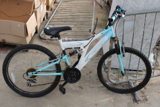 A ROCKFACE CHILDS MOUNTAIN BIKE WITH FRONT AND REAR SUSPENSION AND 18 SPEED SHIMANO GEAR SYSTEMS