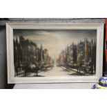 A LARGE FRAMED PRINT ON BOARD ABSTRACT STREET SCENE SIGNED FOLLAND APPROXIMATELY 104CM BY 65CM