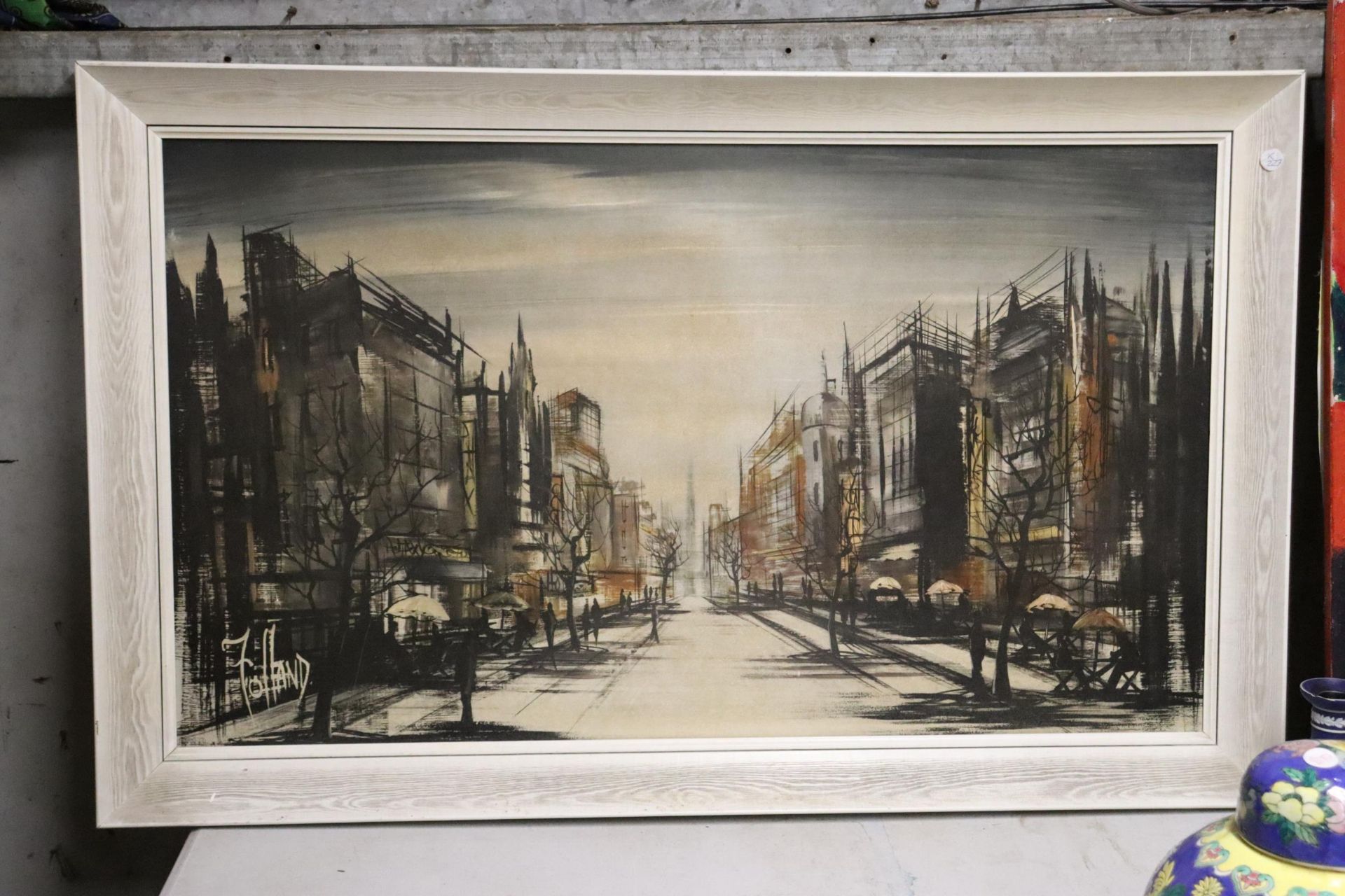 A LARGE FRAMED PRINT ON BOARD ABSTRACT STREET SCENE SIGNED FOLLAND APPROXIMATELY 104CM BY 65CM