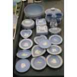 A COLLECTION OF POWDER BLUE WEDGWOOD JASPERWARE TO INCLUDE PIN TRAYS, TRINKET BOXES, VASES, BOWLS,