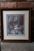 A SIGNED MARC GRIMSHAW PRINT OF A LITTLE GIRL AND BOY KISSING